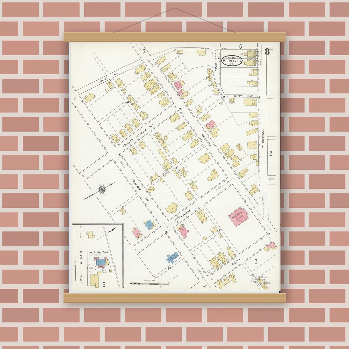 Old map wall art mockup — magnetic wood frame on brick wall — Sanborn Fire Insurance Map from Mount Joy, Lancaster County, Pennsylvania (1912), Sheet #0008