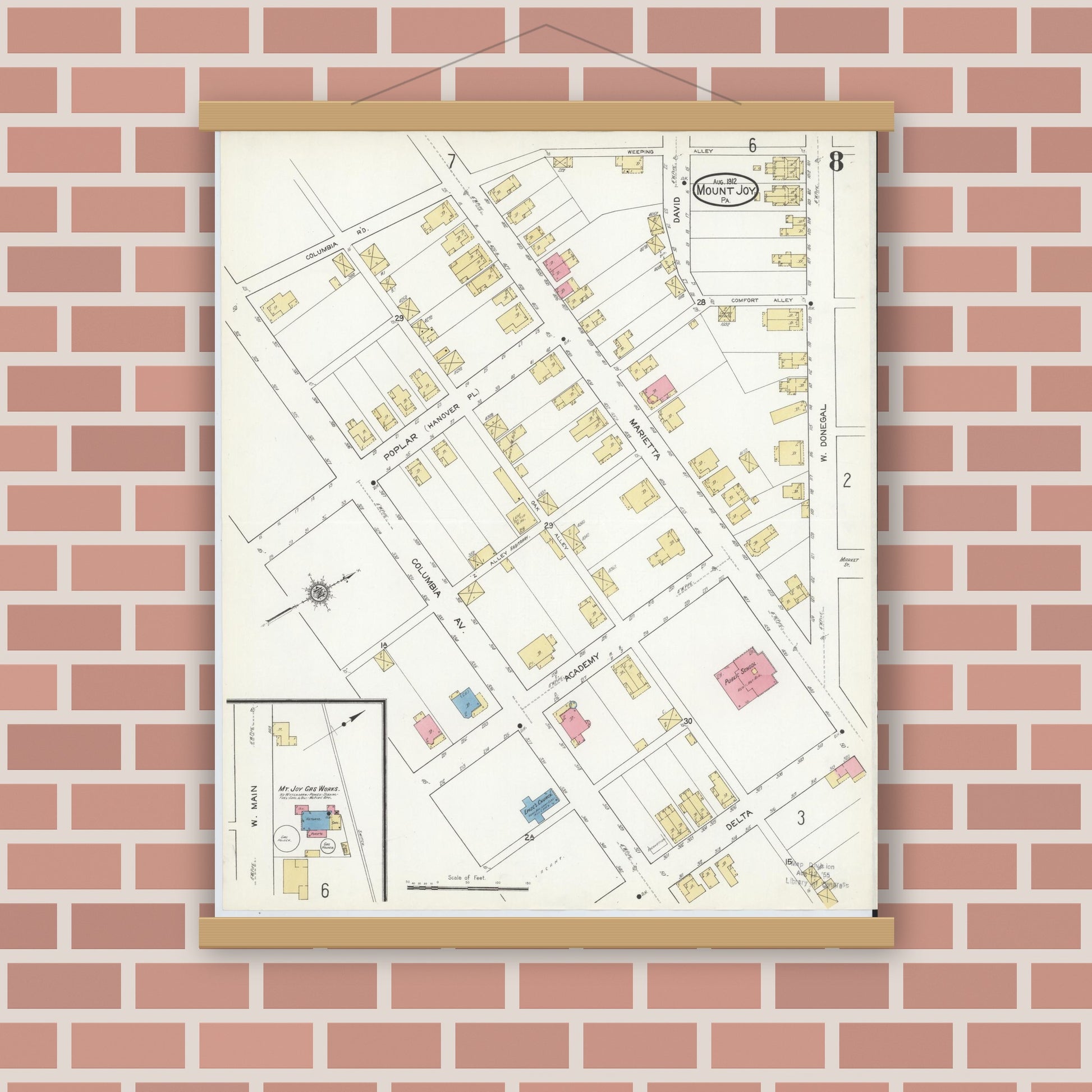 Old map wall art mockup — magnetic wood frame on brick wall — Sanborn Fire Insurance Map from Mount Joy, Lancaster County, Pennsylvania (1912), Sheet #0008