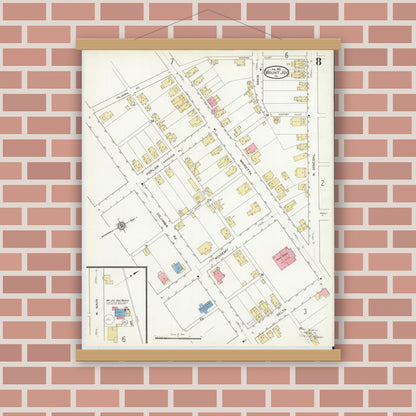 Old map wall art mockup — magnetic wood frame on brick wall — Sanborn Fire Insurance Map from Mount Joy, Lancaster County, Pennsylvania (1912), Sheet #0008
