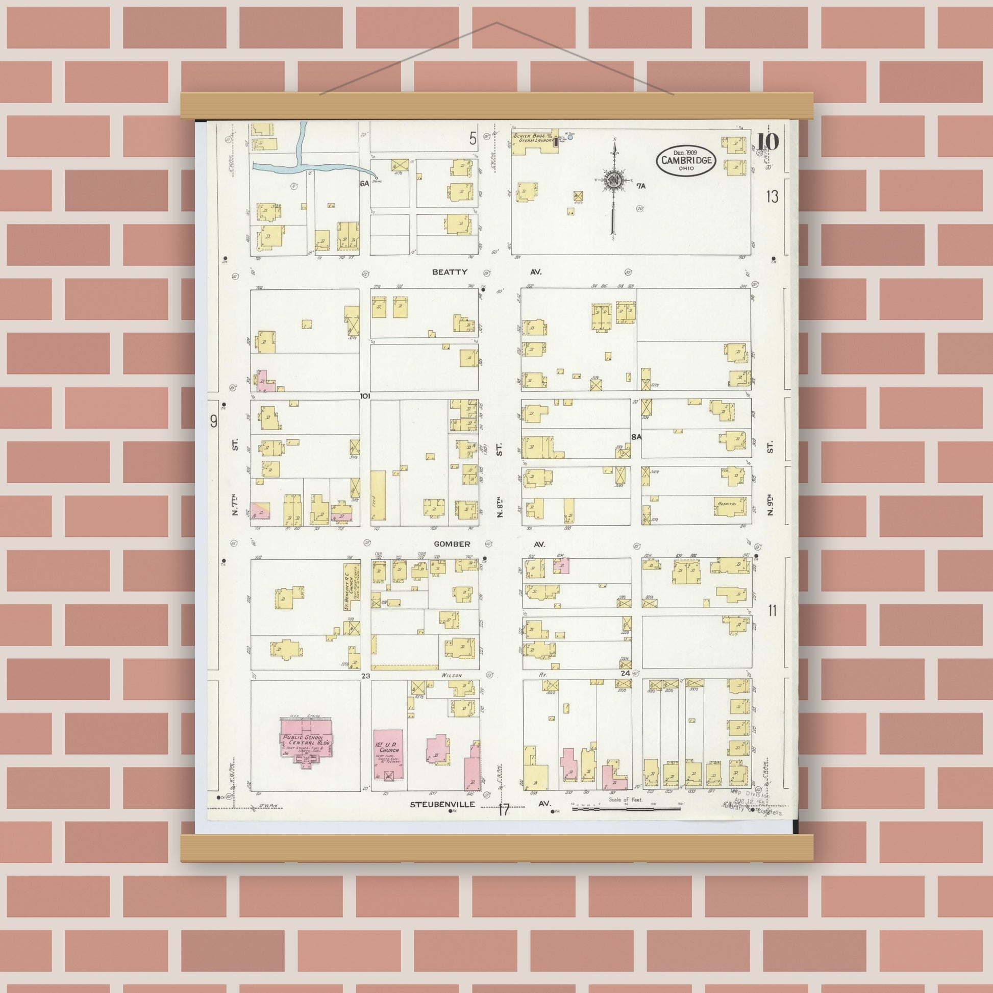 Old map wall art mockup — magnetic wood frame on brick wall — Sanborn Fire Insurance Map from Cambridge, Guernsey County, Ohio (1909), Sheet #0010