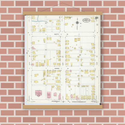 Old map wall art mockup — magnetic wood frame on brick wall — Sanborn Fire Insurance Map from Cambridge, Guernsey County, Ohio (1909), Sheet #0010