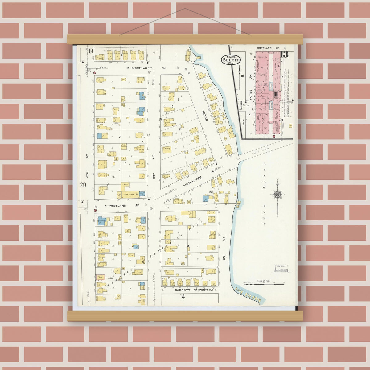 Old map wall art mockup — magnetic wood frame on brick wall — Sanborn Fire Insurance Map from Beloit, Rock County, Wisconsin (1915), Sheet #0013