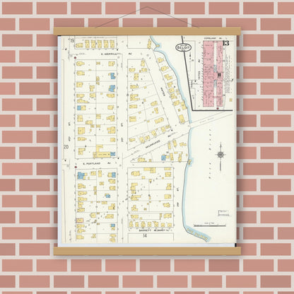 Old map wall art mockup — magnetic wood frame on brick wall — Sanborn Fire Insurance Map from Beloit, Rock County, Wisconsin (1915), Sheet #0013