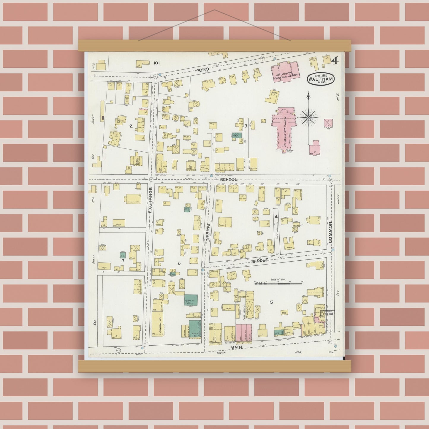 Old map wall art mockup — magnetic wood frame on brick wall — Sanborn Fire Insurance Map from Waltham, Middlesex County, Massachusetts (1892), Sheet #0004