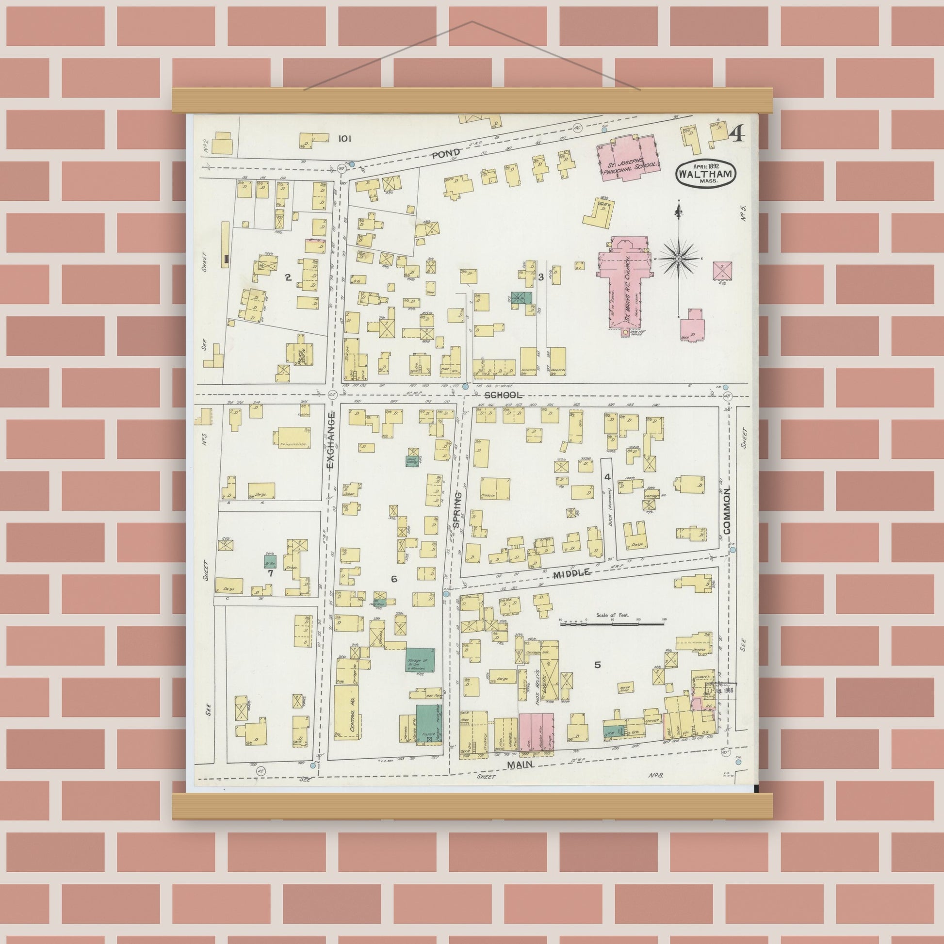 Old map wall art mockup — magnetic wood frame on brick wall — Sanborn Fire Insurance Map from Waltham, Middlesex County, Massachusetts (1892), Sheet #0004