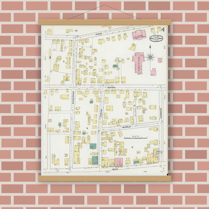 Old map wall art mockup — magnetic wood frame on brick wall — Sanborn Fire Insurance Map from Waltham, Middlesex County, Massachusetts (1892), Sheet #0004