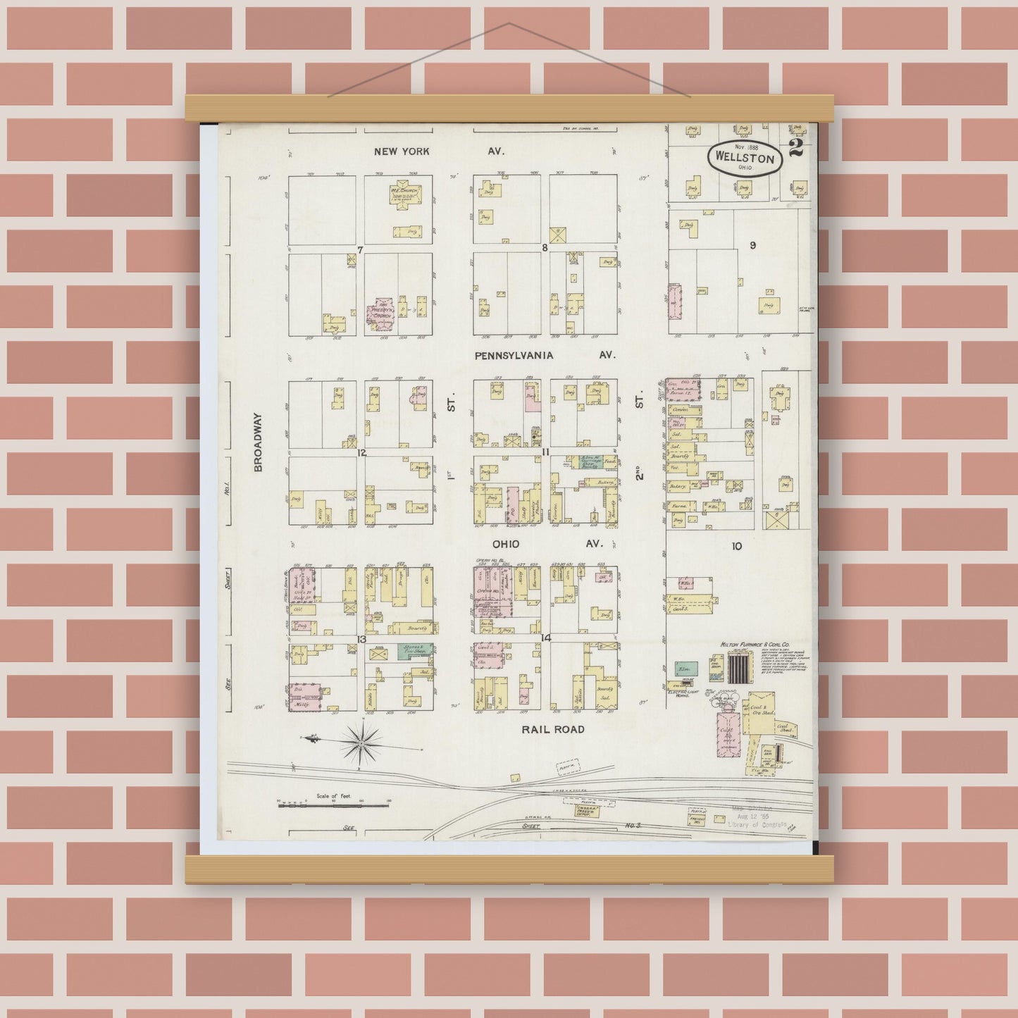 Old map wall art mockup — magnetic wood frame on brick wall — Sanborn Fire Insurance Map from Wellston, Jackson County, Ohio (1888), Sheet #0002