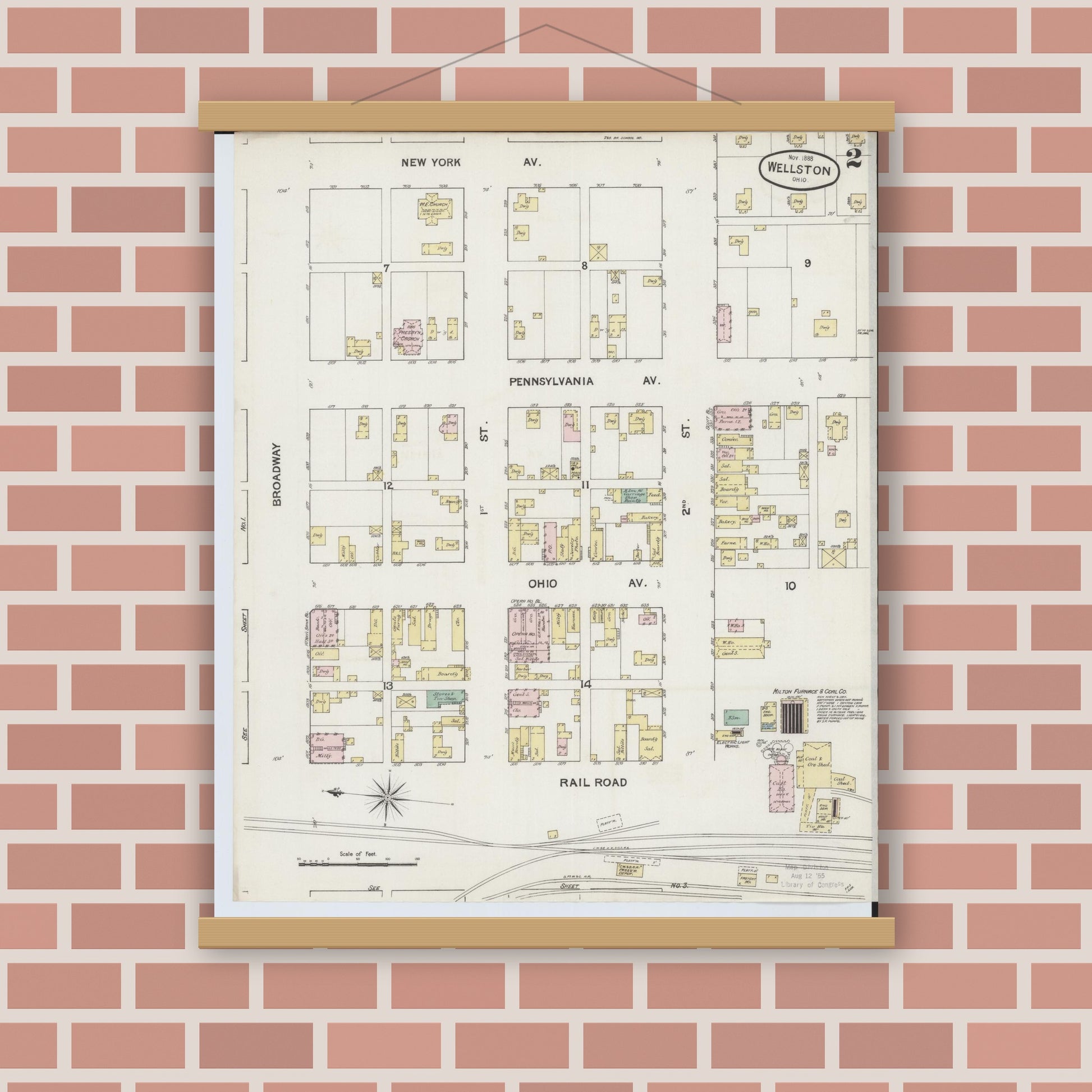 Old map wall art mockup — magnetic wood frame on brick wall — Sanborn Fire Insurance Map from Wellston, Jackson County, Ohio (1888), Sheet #0002