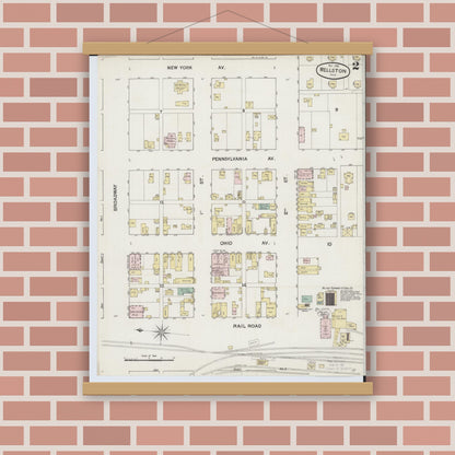 Old map wall art mockup — magnetic wood frame on brick wall — Sanborn Fire Insurance Map from Wellston, Jackson County, Ohio (1888), Sheet #0002