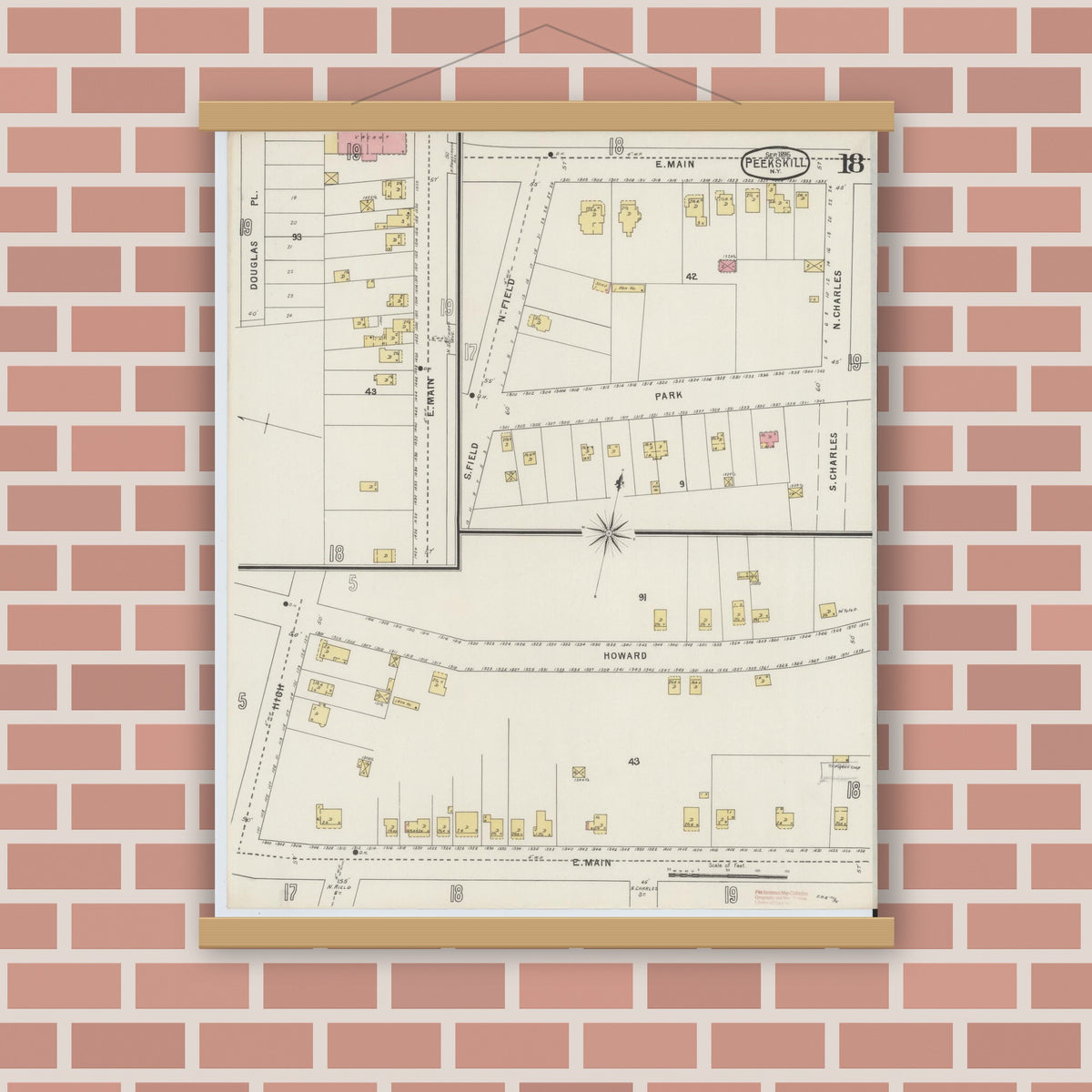 Old map wall art mockup — magnetic wood frame on brick wall — Sanborn Fire Insurance Map from Peekskill, Westchester County, New York (1895), Sheet #0018
