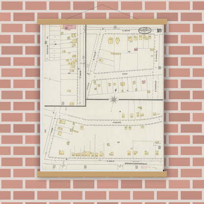 Old map wall art mockup — magnetic wood frame on brick wall — Sanborn Fire Insurance Map from Peekskill, Westchester County, New York (1895), Sheet #0018