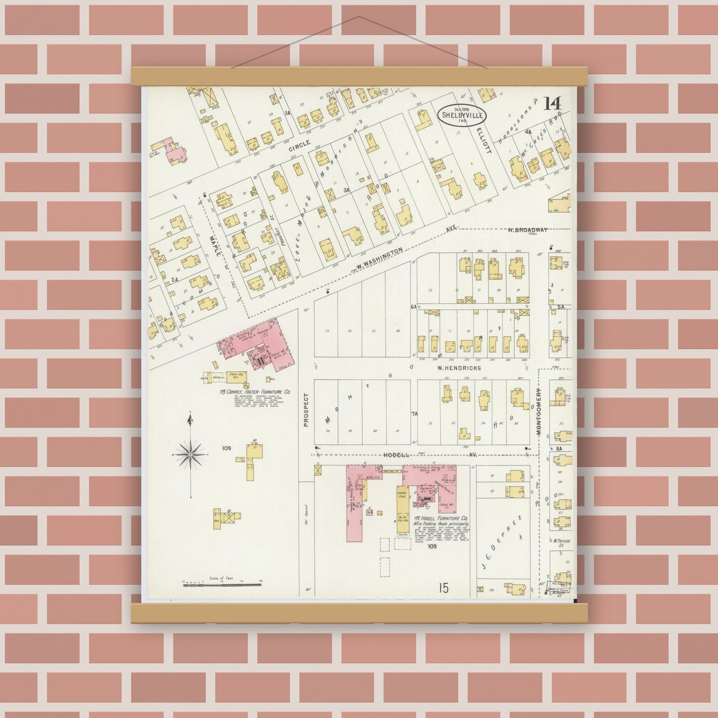 Old map wall art mockup — magnetic wood frame on brick wall — Sanborn Fire Insurance Map from Shelbyville, Shelby County, Indiana (1898), Sheet #0014