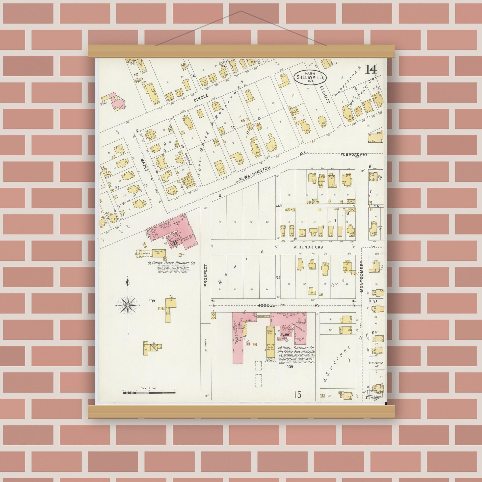 Old map wall art mockup — magnetic wood frame on brick wall — Sanborn Fire Insurance Map from Shelbyville, Shelby County, Indiana (1898), Sheet #0014