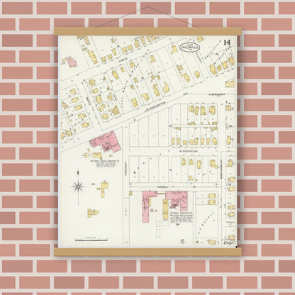 Old map wall art mockup — magnetic wood frame on brick wall — Sanborn Fire Insurance Map from Shelbyville, Shelby County, Indiana (1898), Sheet #0014