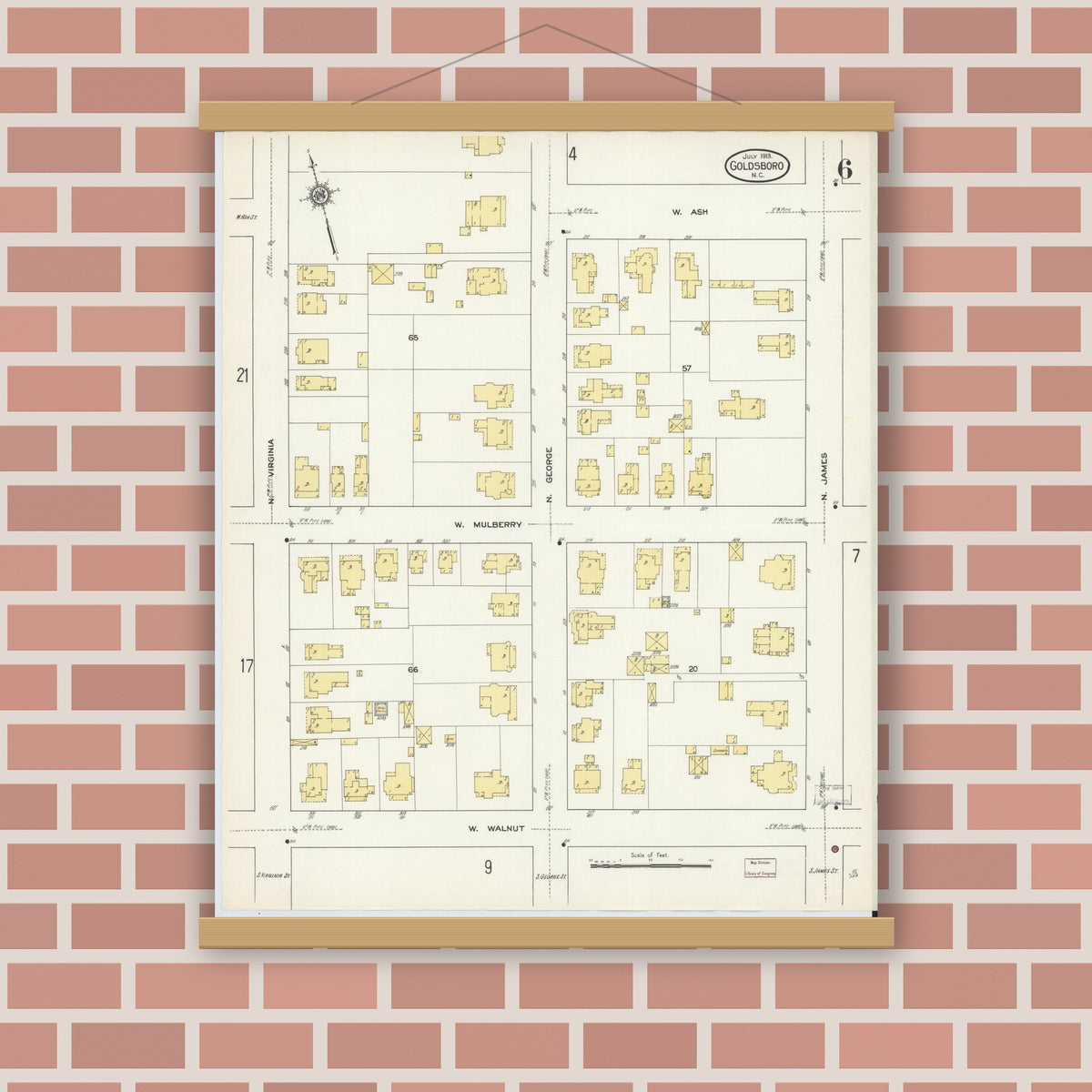 Old map wall art mockup — magnetic wood frame on brick wall — Sanborn Fire Insurance Map from Goldsboro, Wayne County, North Carolina (1913), Sheet #0006