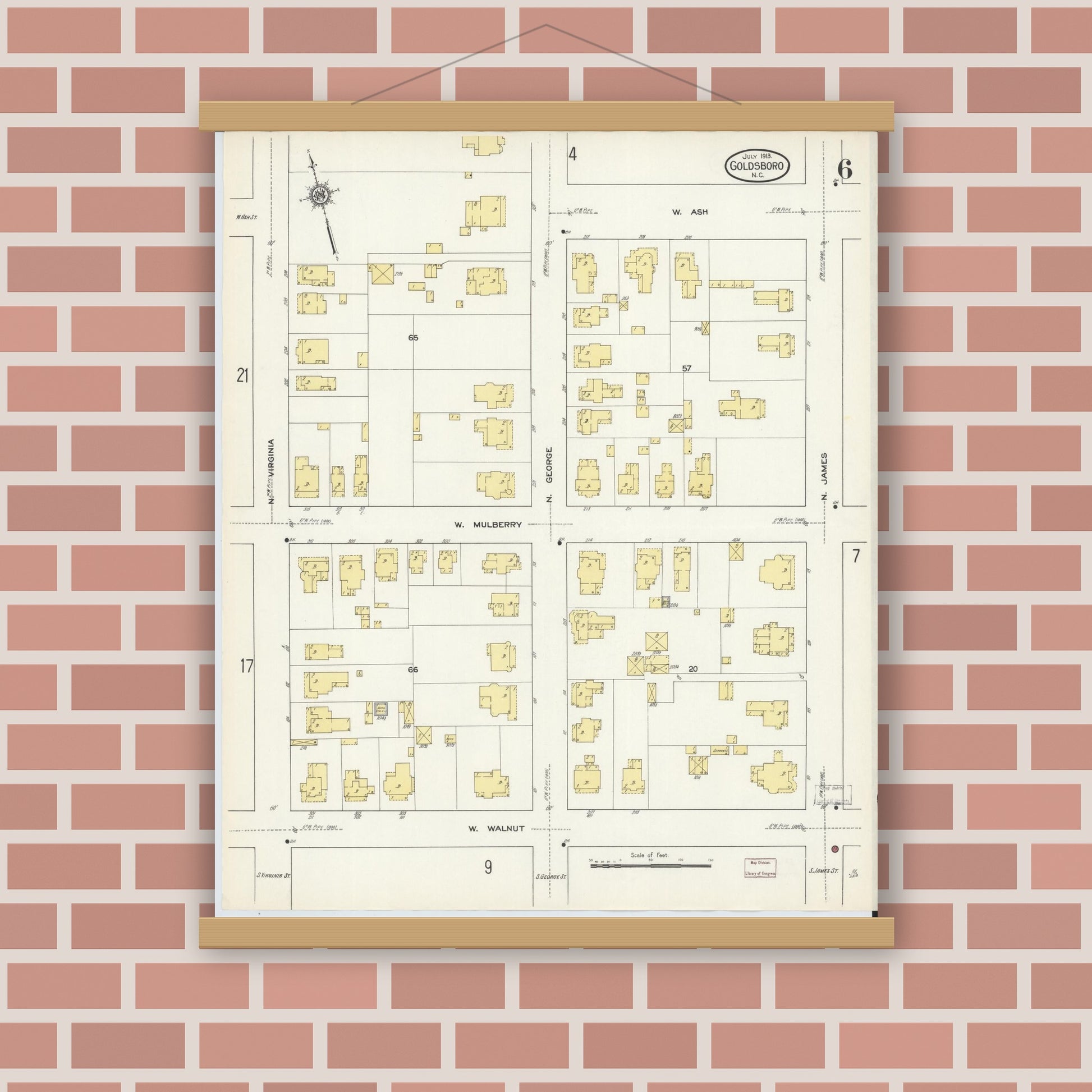 Old map wall art mockup — magnetic wood frame on brick wall — Sanborn Fire Insurance Map from Goldsboro, Wayne County, North Carolina (1913), Sheet #0006