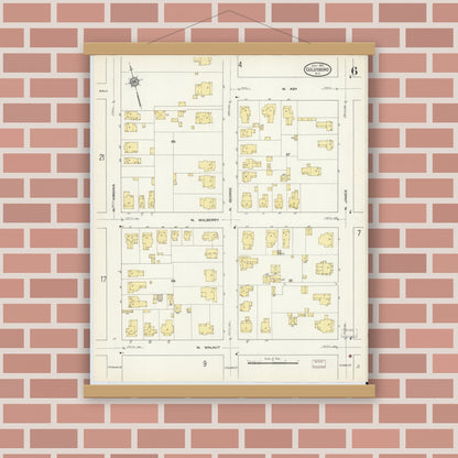 Old map wall art mockup — magnetic wood frame on brick wall — Sanborn Fire Insurance Map from Goldsboro, Wayne County, North Carolina (1913), Sheet #0006