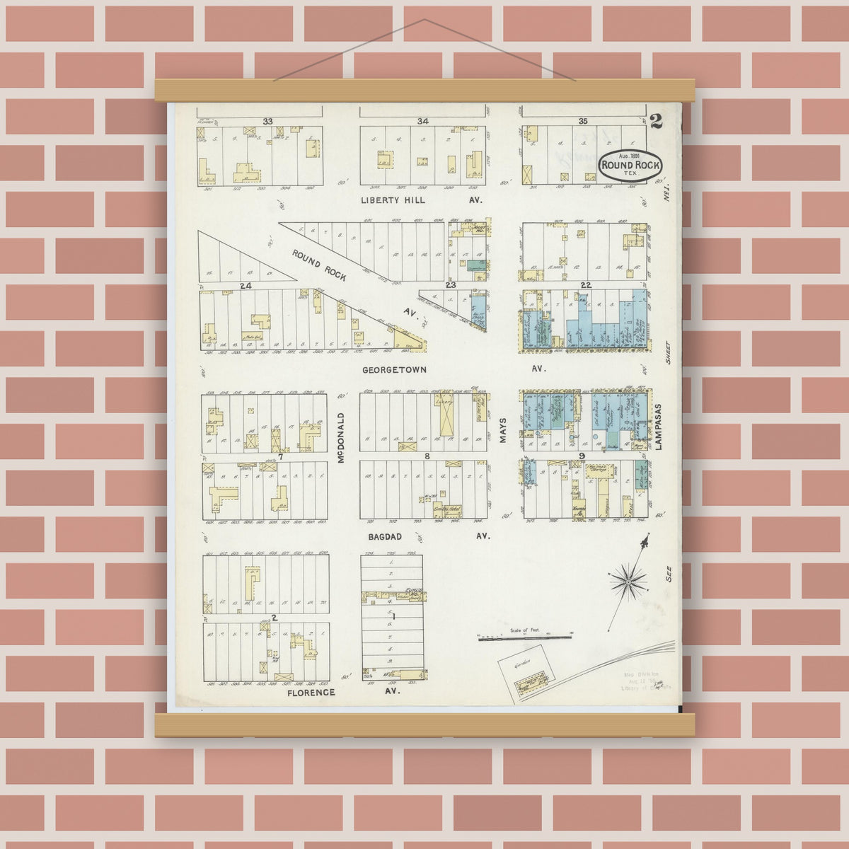 Old map wall art mockup — magnetic wood frame on brick wall — Sanborn Fire Insurance Map from Round Rock, Williamson County, Texas (1891), Sheet #0002