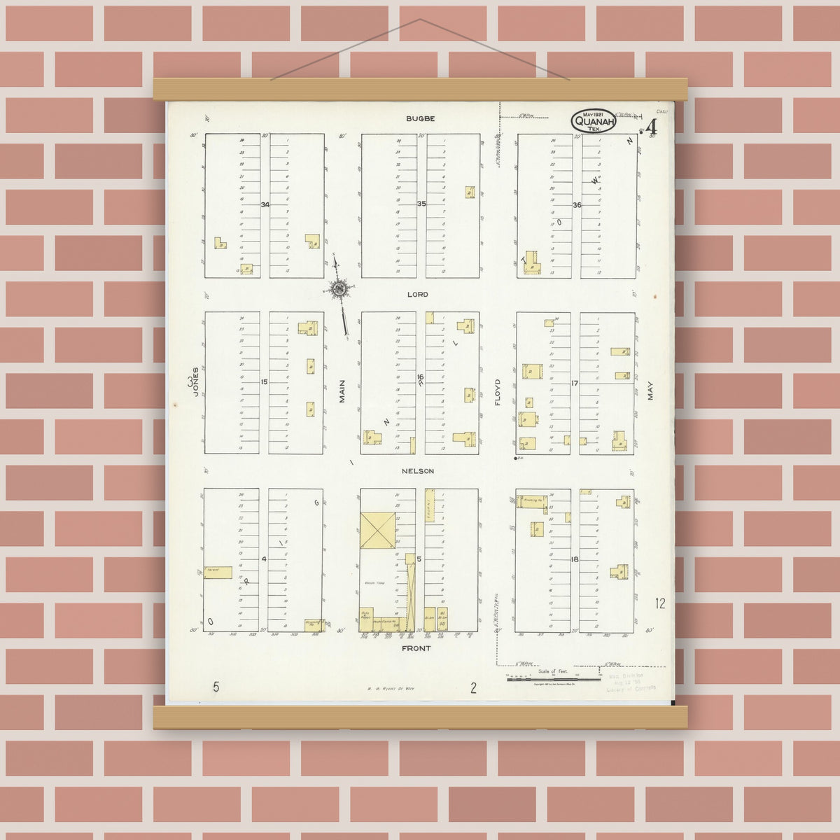 Old map wall art mockup — magnetic wood frame on brick wall — Sanborn Fire Insurance Map from Quanah, Hardeman County, Texas (1921), Sheet #0004