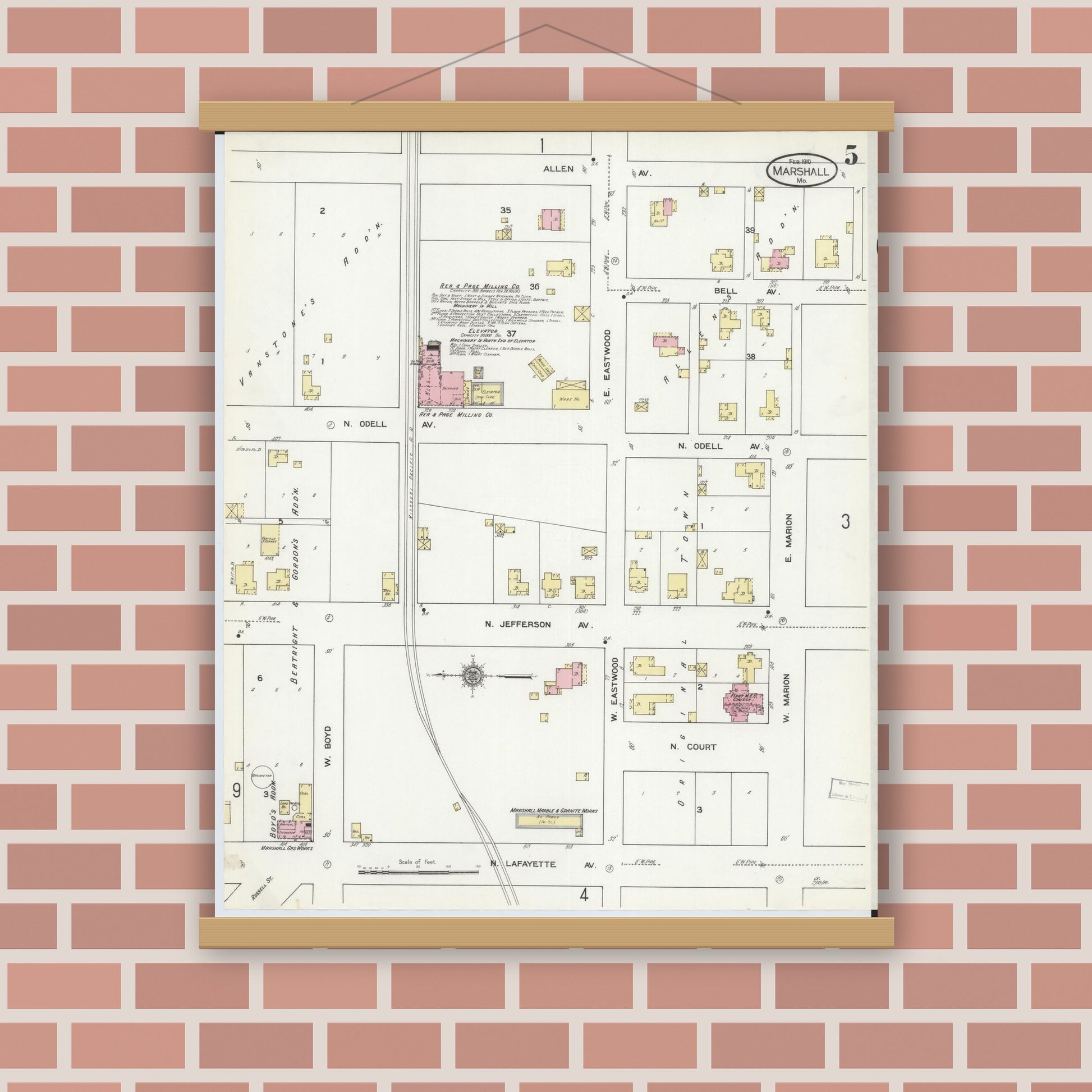 Old map wall art mockup — magnetic wood frame on brick wall — Sanborn Fire Insurance Map from Marshall, Saline County, Missouri (1910), Sheet #0005
