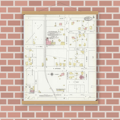 Old map wall art mockup — magnetic wood frame on brick wall — Sanborn Fire Insurance Map from Marshall, Saline County, Missouri (1910), Sheet #0005