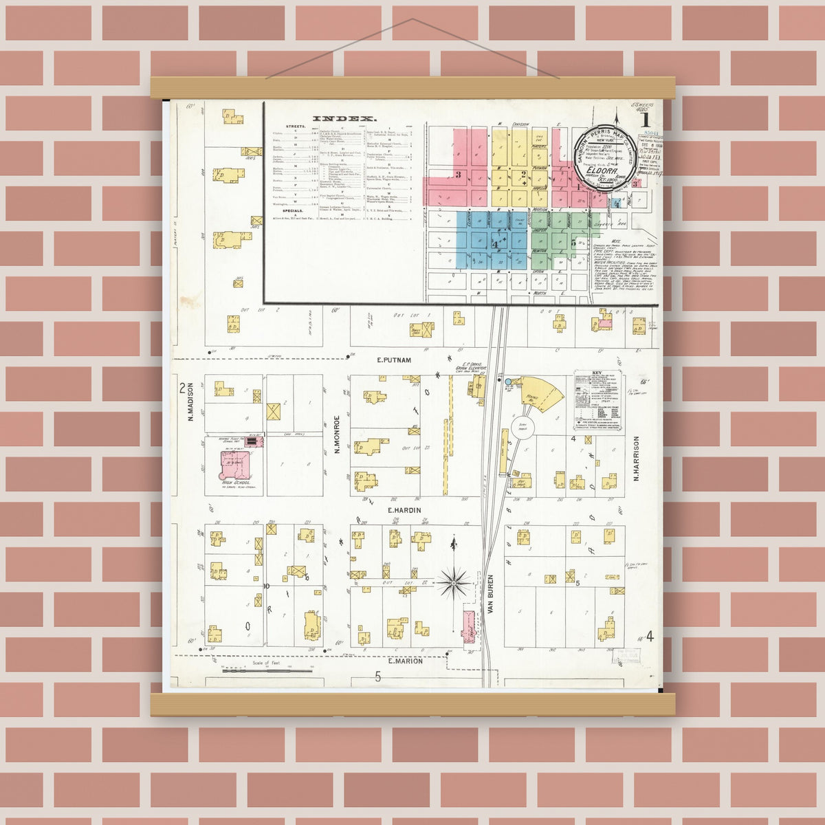 Old map wall art mockup — magnetic wood frame on brick wall — Sanborn Fire Insurance Map from Eldora, Hardin County, Iowa (1900), Sheet #0001