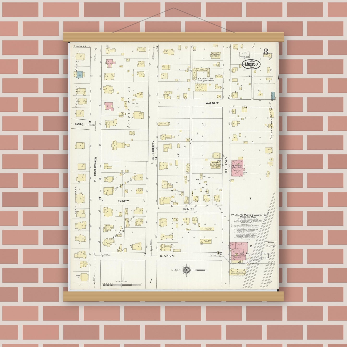 Old map wall art mockup — magnetic wood frame on brick wall — Sanborn Fire Insurance Map from Mexico, Audrain County, Missouri (1914), Sheet #0008