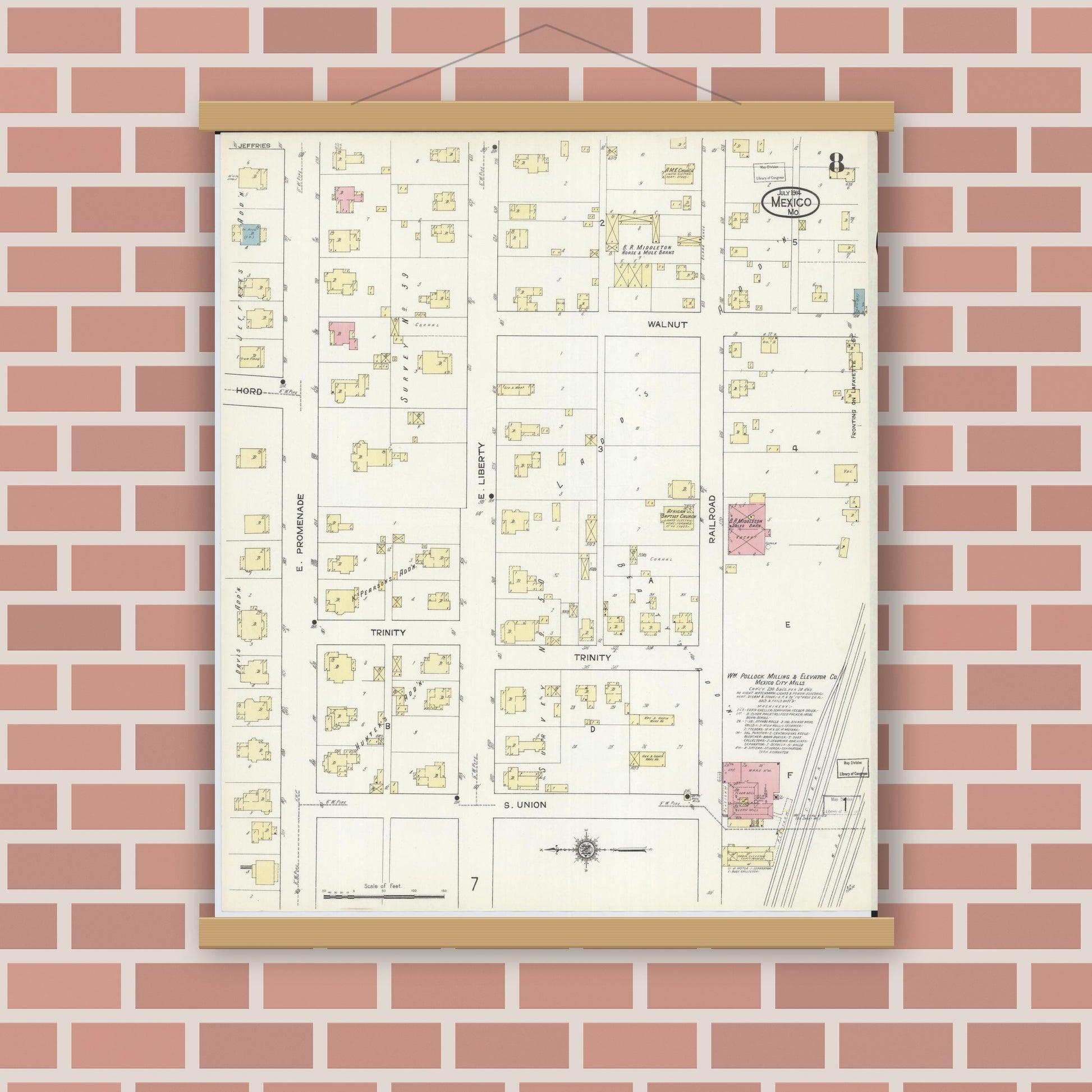 Old map wall art mockup — magnetic wood frame on brick wall — Sanborn Fire Insurance Map from Mexico, Audrain County, Missouri (1914), Sheet #0008