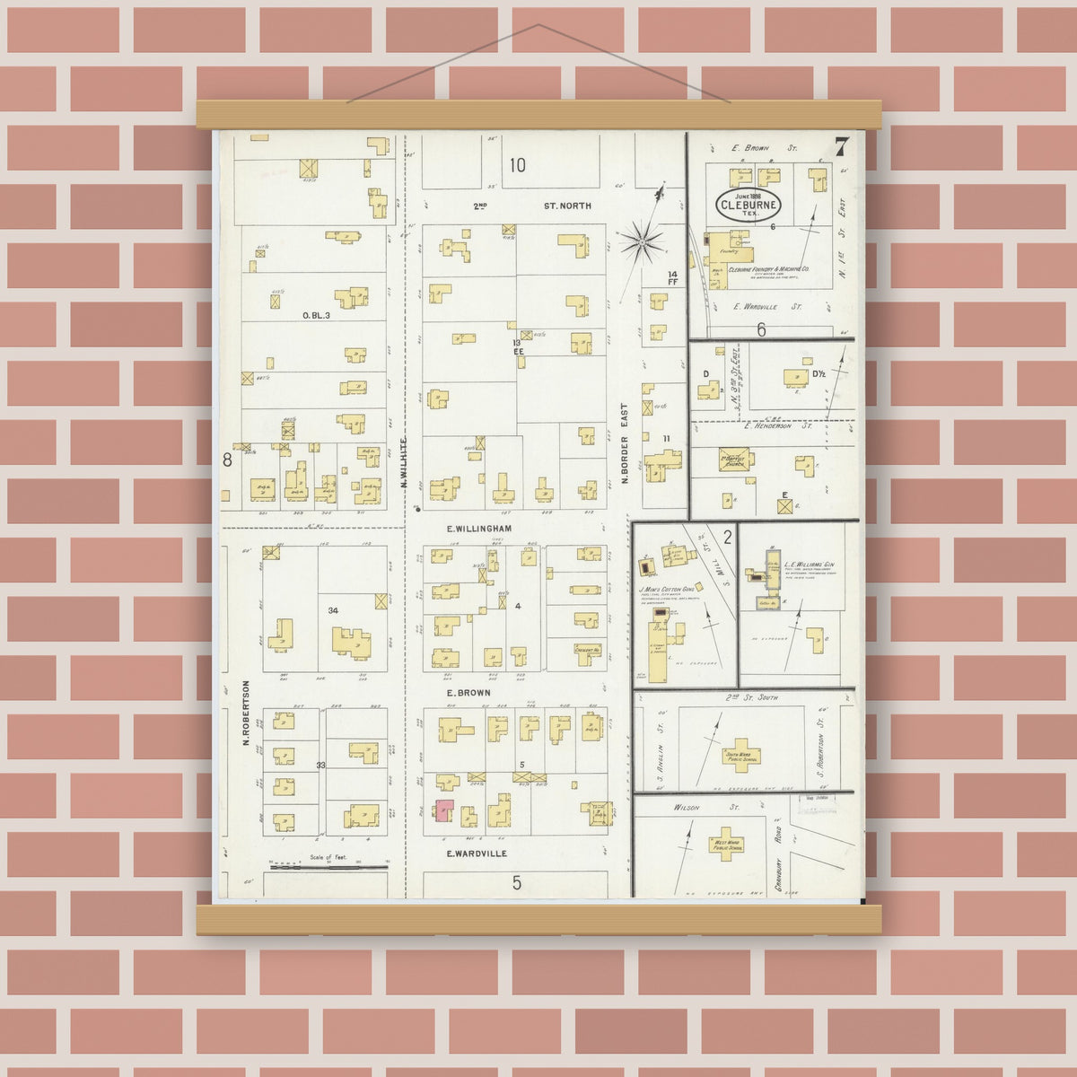 Old map wall art mockup — magnetic wood frame on brick wall — Sanborn Fire Insurance Map from Cleburne, Johnson County, Texas (1898), Sheet #0007