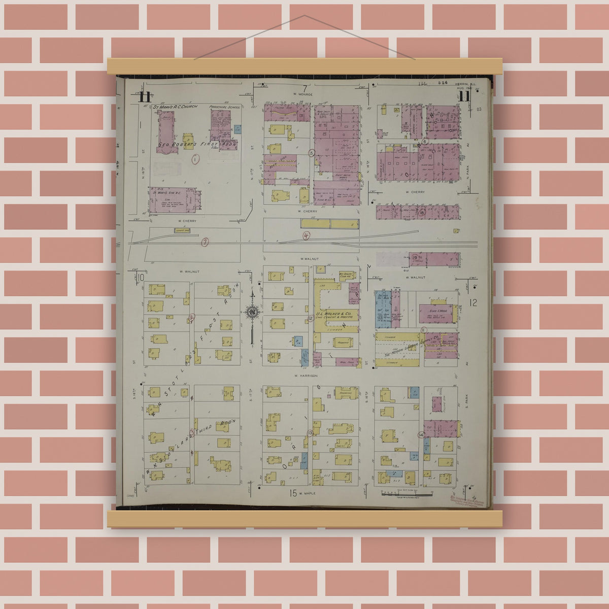 Old map wall art mockup — magnetic wood frame on brick wall — Sanborn Fire Insurance Map from Herrin, Williamson County, Illinois (1947), Sheet #0011