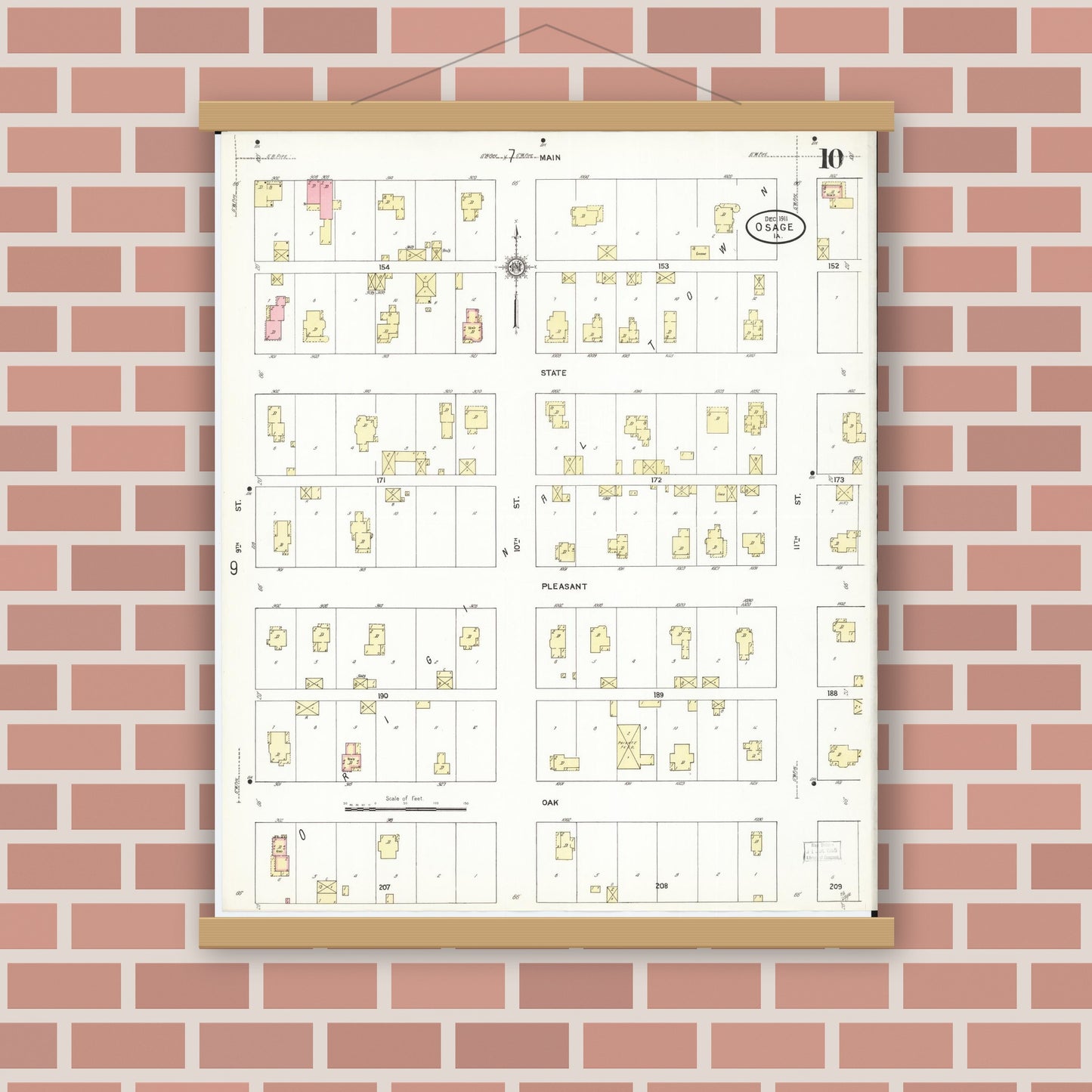 Old map wall art mockup — magnetic wood frame on brick wall — Sanborn Fire Insurance Map from Osage, Mitchell County, Iowa (1911), Sheet #0010