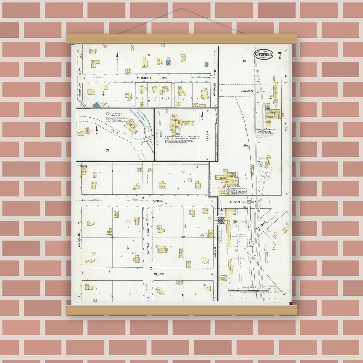 Old map wall art mockup — magnetic wood frame on brick wall — Sanborn Fire Insurance Map from Chatfield, Fillmore And Olmsted Counties, Minnesota (1920), Sheet #0007