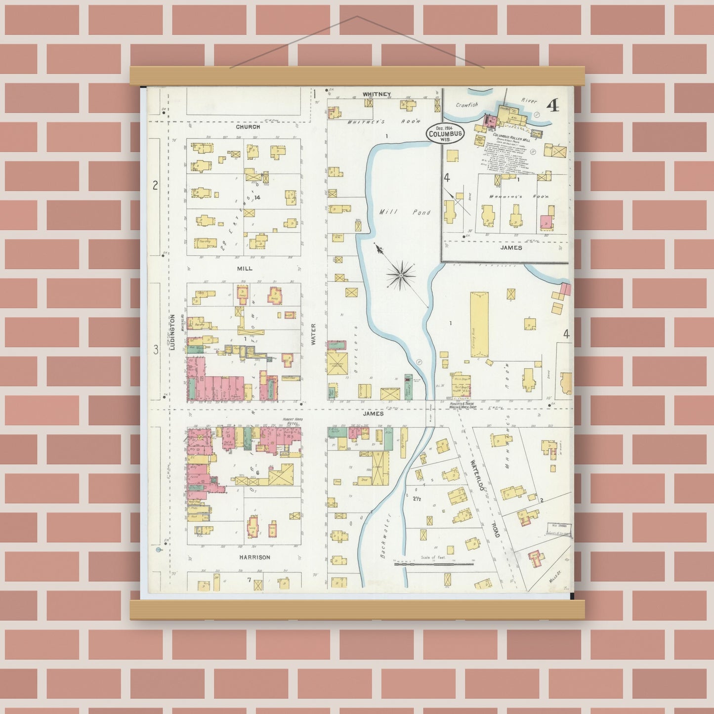 Old map wall art mockup — magnetic wood frame on brick wall — Sanborn Fire Insurance Map from Columbus, Columbia and Dodge County, Wisconsin (1904), Sheet #0004