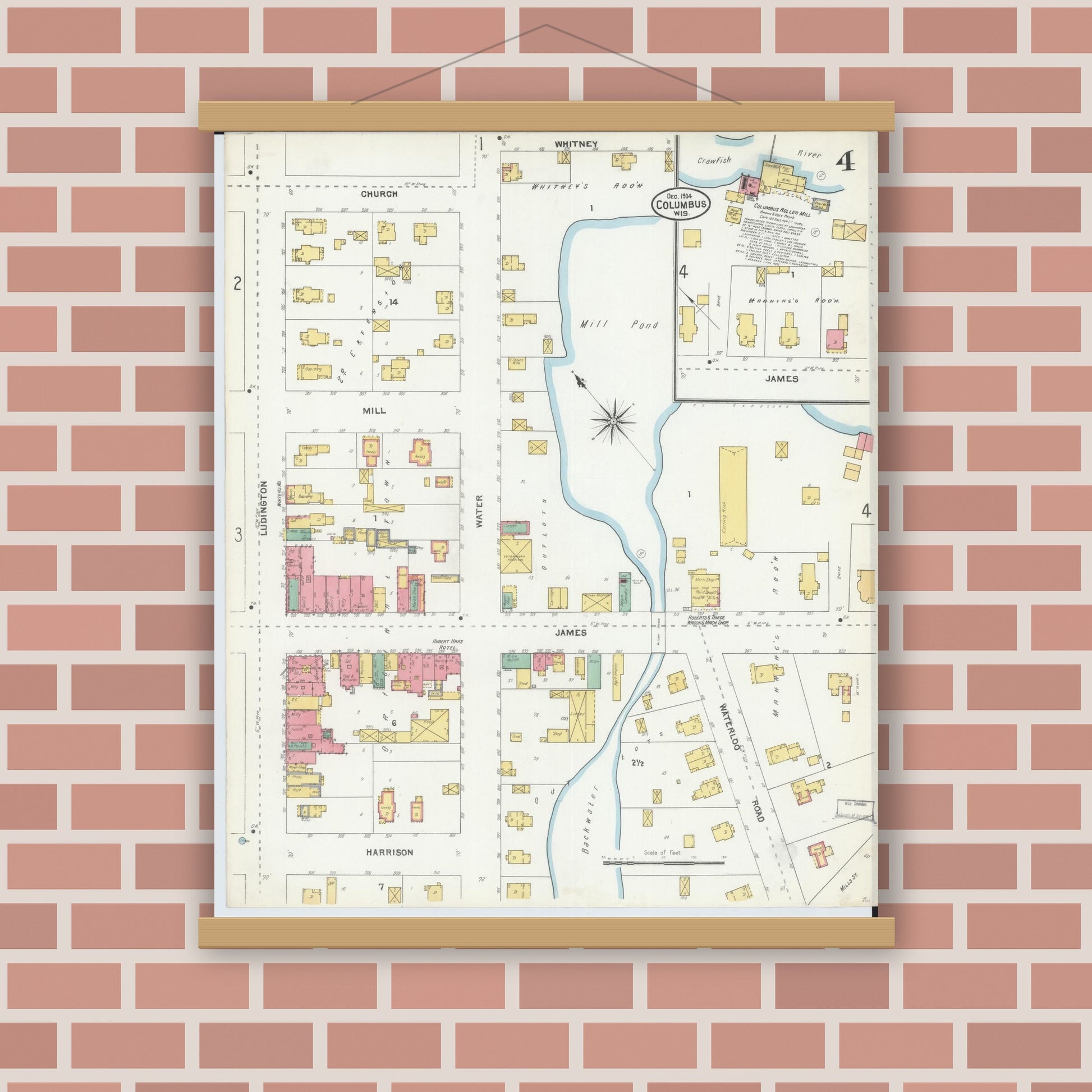 Old map wall art mockup — magnetic wood frame on brick wall — Sanborn Fire Insurance Map from Columbus, Columbia and Dodge County, Wisconsin (1904), Sheet #0004