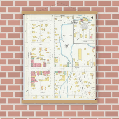 Old map wall art mockup — magnetic wood frame on brick wall — Sanborn Fire Insurance Map from Columbus, Columbia and Dodge County, Wisconsin (1904), Sheet #0004