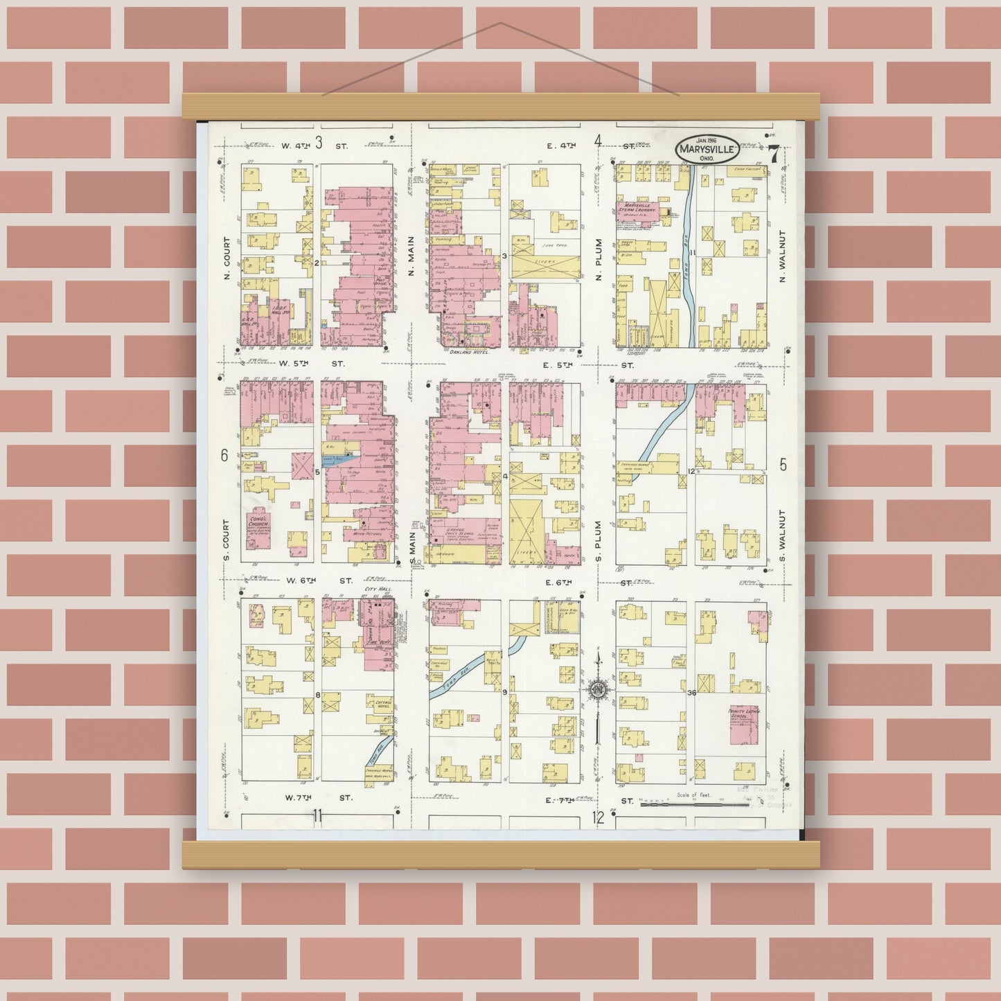 Old map wall art mockup — magnetic wood frame on brick wall — Sanborn Fire Insurance Map from Marysville, Union County, Ohio (1916), Sheet #0007