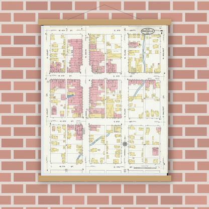 Old map wall art mockup — magnetic wood frame on brick wall — Sanborn Fire Insurance Map from Marysville, Union County, Ohio (1916), Sheet #0007