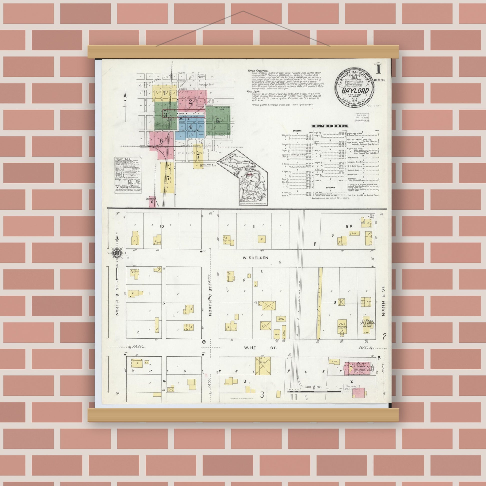Old map wall art mockup — magnetic wood frame on brick wall — Sanborn Fire Insurance Map from Gaylord, Otsego County, Michigan (1916) - Complete Map Set