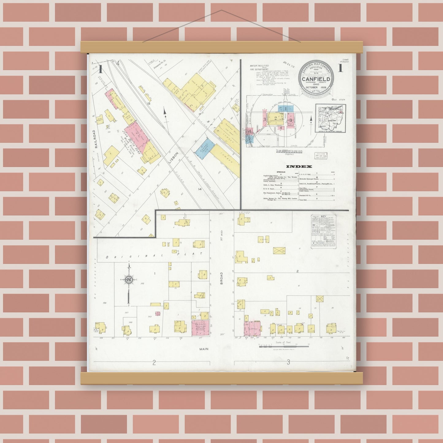 Old map wall art mockup — magnetic wood frame on brick wall — Sanborn Fire Insurance Map from Canfield, Mahoning County, Ohio (1928) - Complete Map Set