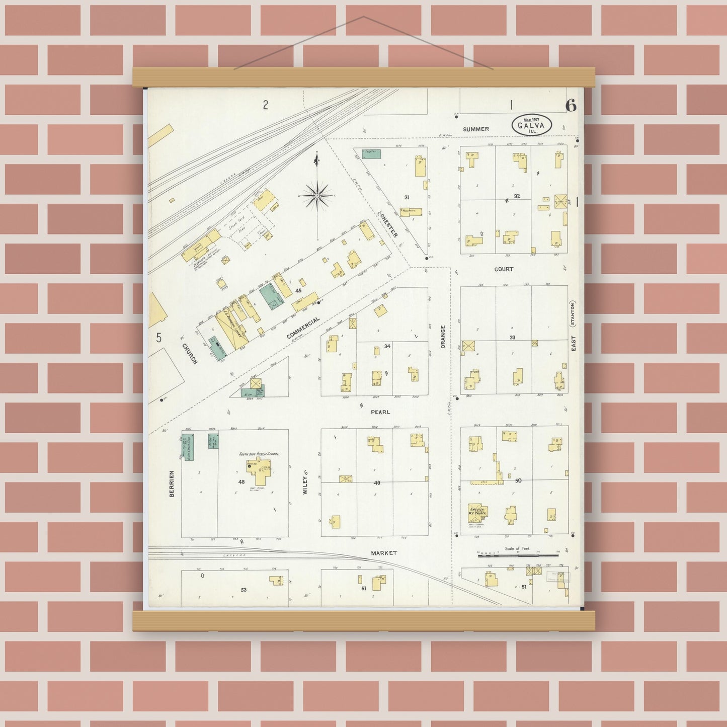 Old map wall art mockup — magnetic wood frame on brick wall — Sanborn Fire Insurance Map from Galva, Henry County, Illinois (1907), Sheet #0006