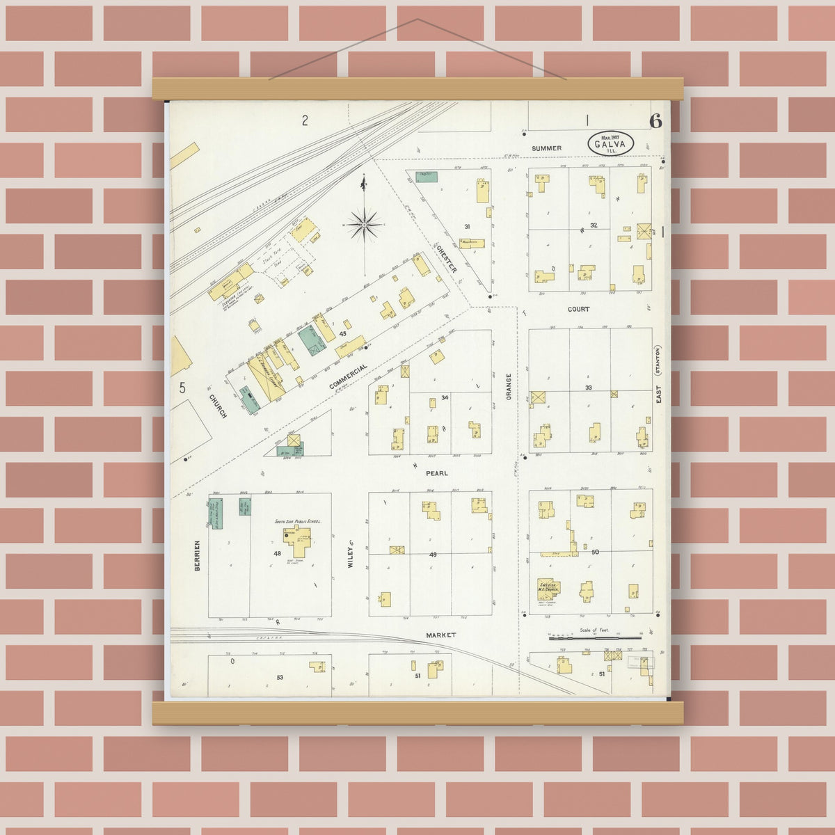 Old map wall art mockup — magnetic wood frame on brick wall — Sanborn Fire Insurance Map from Galva, Henry County, Illinois (1907), Sheet #0006