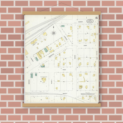 Old map wall art mockup — magnetic wood frame on brick wall — Sanborn Fire Insurance Map from Galva, Henry County, Illinois (1907), Sheet #0006