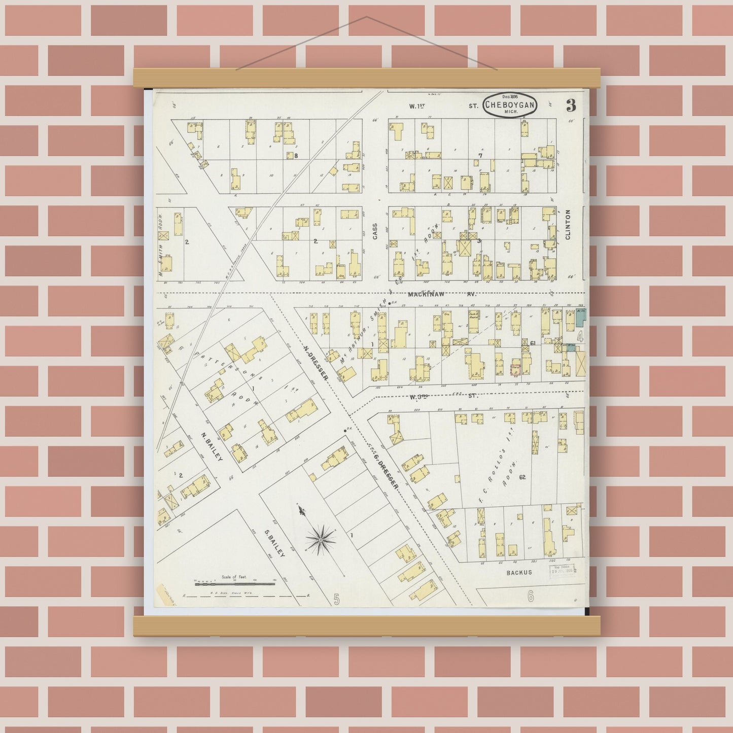 Old map wall art mockup — magnetic wood frame on brick wall — Sanborn Fire Insurance Map from Cheboygan, Cheboygan County, Michigan (1895), Sheet #0003