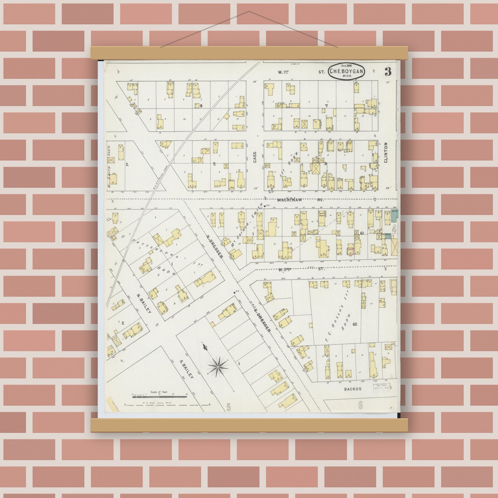 Old map wall art mockup — magnetic wood frame on brick wall — Sanborn Fire Insurance Map from Cheboygan, Cheboygan County, Michigan (1895), Sheet #0003