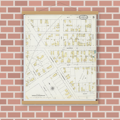 Old map wall art mockup — magnetic wood frame on brick wall — Sanborn Fire Insurance Map from Cheboygan, Cheboygan County, Michigan (1895), Sheet #0003