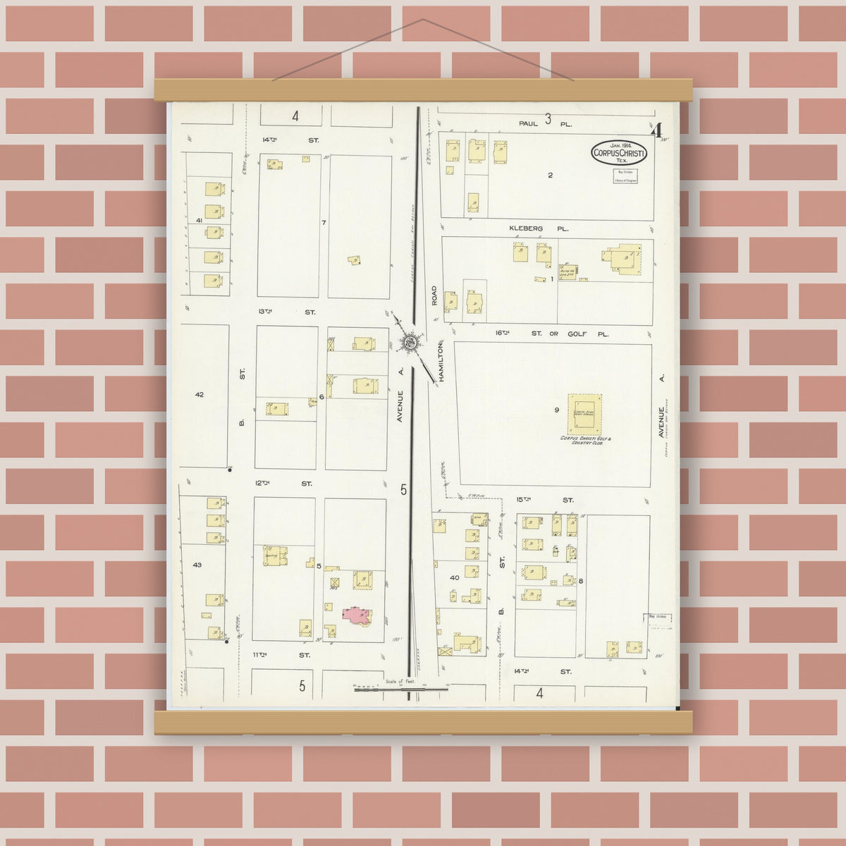 Old map wall art mockup — magnetic wood frame on brick wall — Sanborn Fire Insurance Map from Corpus Christi, Nueces County, Texas (1914), Sheet #0004