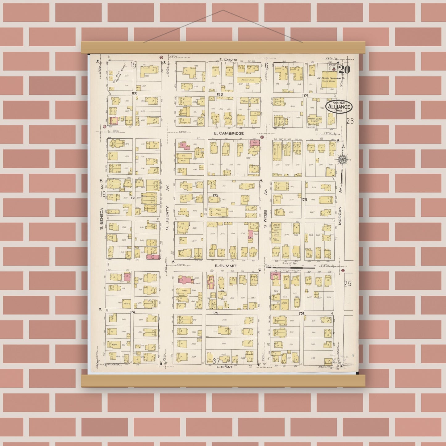 Old map wall art mockup — magnetic wood frame on brick wall — Sanborn Fire Insurance Map from Alliance, Stark County, Ohio (1921), Sheet #0020