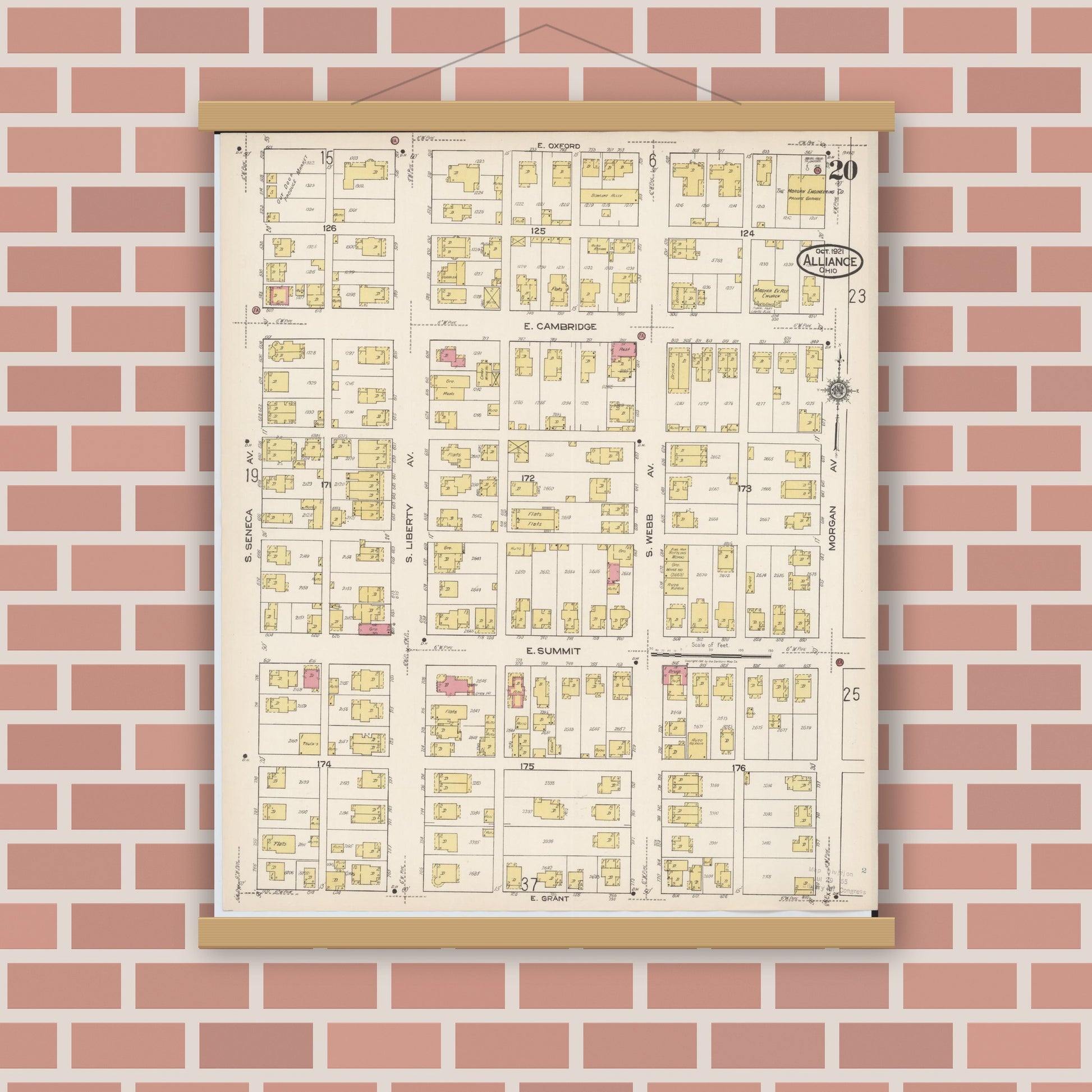 Old map wall art mockup — magnetic wood frame on brick wall — Sanborn Fire Insurance Map from Alliance, Stark County, Ohio (1921), Sheet #0020