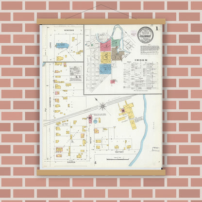 Old map wall art mockup — magnetic wood frame on brick wall — Sanborn Fire Insurance Map from Columbus, Columbia and Dodge County, Wisconsin (1904), Sheet #0001