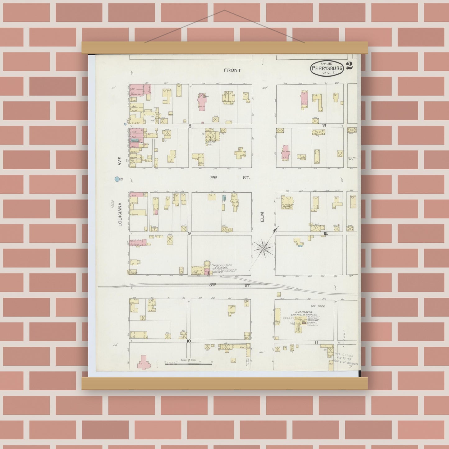 Old map wall art mockup — magnetic wood frame on brick wall — Sanborn Fire Insurance Map from Perrysburg, Wood County, Ohio (1893), Sheet #0002